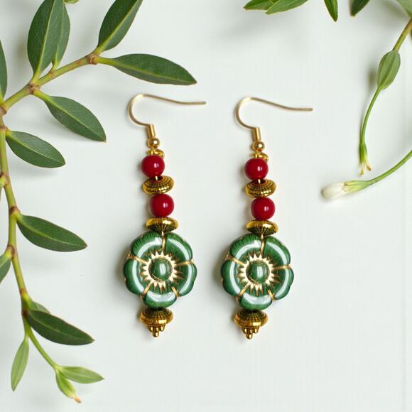 Handmade Green Czech Glass & Red Coral Earrings | Unique Artisan Jewelry - Picture 4 of 5